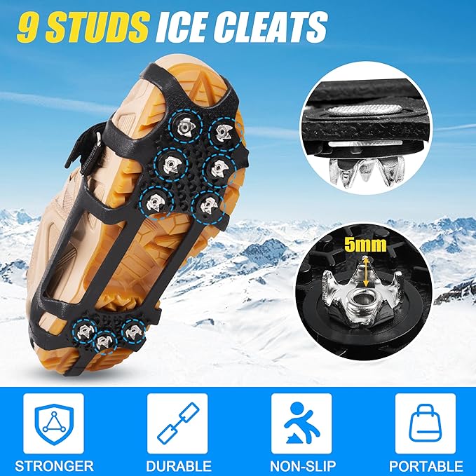 Ice Cleats Crampons for Shoes and Boots Non Slip Ice Grippers 9 Studs Snow Traction Cleat Crampons for Hiking Boots Women Men Winter Walking Hiking Ice Fishing Gear