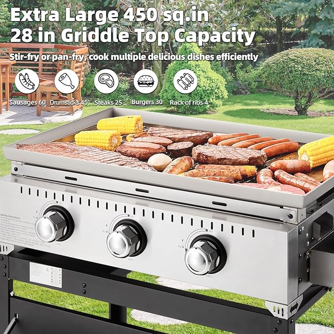 MELLCOM 3 Burner 30000 BTU Outdoor Gas Griddle with Lid (Side Shelf), Portable Flat Top Griddle 28 Inch Heavy-Duty Cast Iron Grill, Bottle Rack & Grease Pan for Camping, Picnic, Patio
