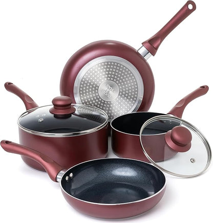 Moss & Stone 6 Pcs Nonstick Cookware Set, Pots And Pans Set Non stick With Glass Lid, Induction Cookware, Stay-Cool Handle PTFE/PFOA Kitchen Pots 6-Piece with Frying Pans & Saucepan, Burgundy