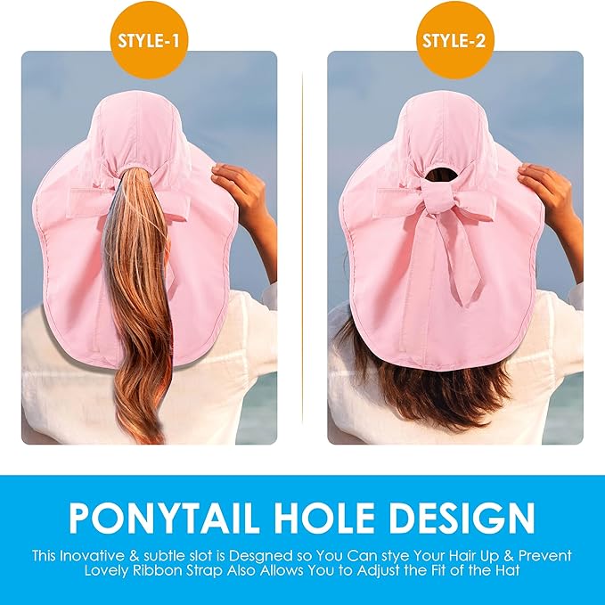 Womens Sun Hat UV Protection, Foldable Waterproof Wide Brim Bucket Hats with Neck Flap for Summer Beach Fishing Hiking