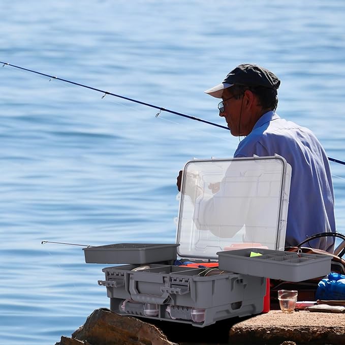 RUNCL Universal Fishing Tackle Box with Two Small Tackle Tray, Removal Inside Design Waterproof Trunk Storage Box, Thicker Floating Airtight Stowaway, Xmas Surprise Fishing Gifts for Men Women