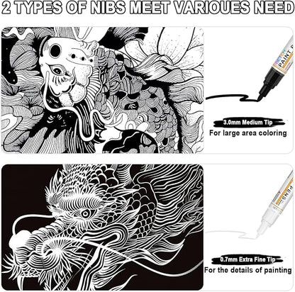 Betem 4 Count Dual Tip Oil Based White Black Paint Markers Pens(0.7mm & 3mm), Permanent Paint Marker, Waterproof, Quick Dry, for Rock Painting, Wood, Plastic, Metal, Canvas(2White 2Black)