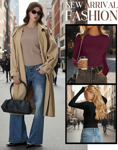 Neer 4 Pack Women's Fleece Thermal Long Sleeve Shirts, Thumb Holes Crew Neck Slim Fit Tops Warm Workout Basic Undershirt