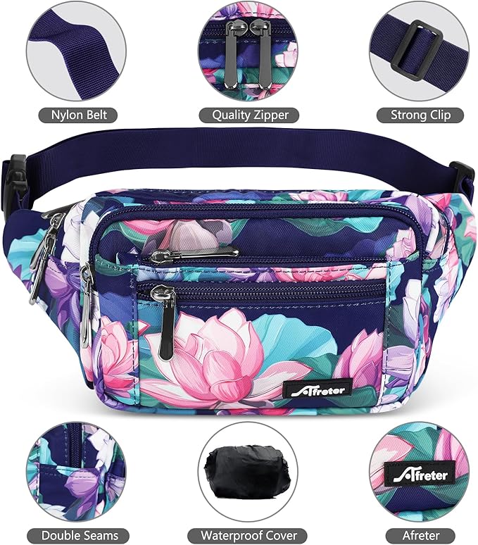 Waist Pack Bag Fanny Pack for Men&Women Hip Bum Bag with Adjustable Strap for Outdoors Workout Traveling Casual Running Hiking Cycling (New Blue Flowers-1)