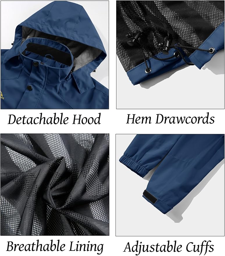 MAGCOMSEN Men's Lightweight Windbreaker Rain Jacket Raincoat with Detachable Hood for Hiking Fishing Activewear