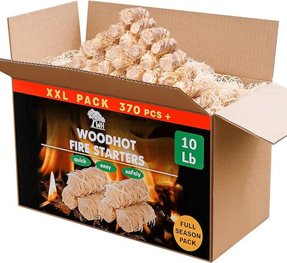 WH 370 pcs Natural Fire Starters for Indoor Fireplace - 10lb Large Box - Long-Burning Charcoal Starters - Odorless Firestarters for Wood Stove, Chimney, Campfires & Grill - Quick Ignite