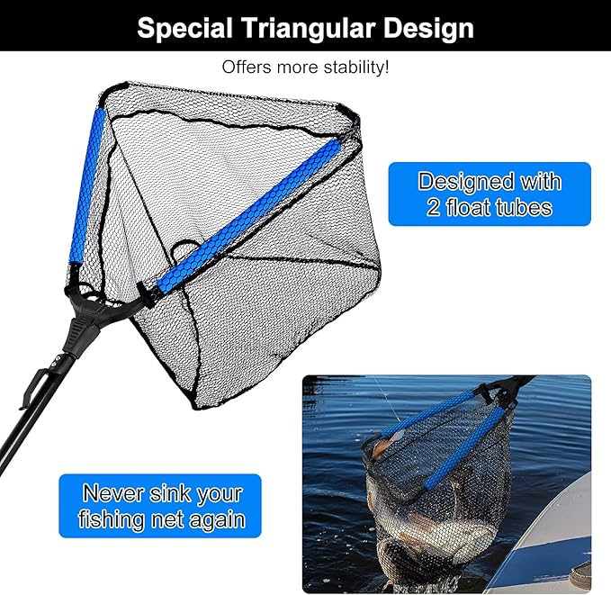 PLUSINNO Fishing Net Fish Landing Net, Foldable Collapsible Telescopic Pole Handle, Durable Nylon Material Mesh, Safe Fish Catching or Releasing