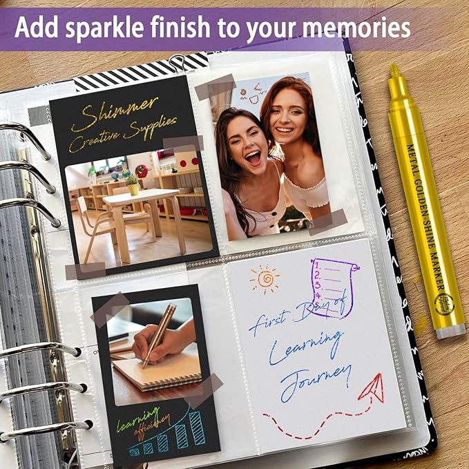 Betem Super Golden Metallic Paint Markers, 18 Colors Metallic Paint Pen Scrapbook Supplies, 2-3mm Medium Tips Glitter Markers for Black Paper, Albums, Rock Painting, Cards, Ceramic, Wood, DIY Crafts