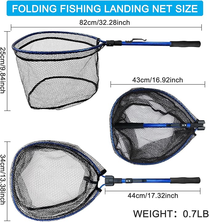LBW Collapsible Fishing Net with Handle, Folding Kayak Net for Freshwater or Saltwater, Trout Catfish Bass Compact Rubber Landing Net