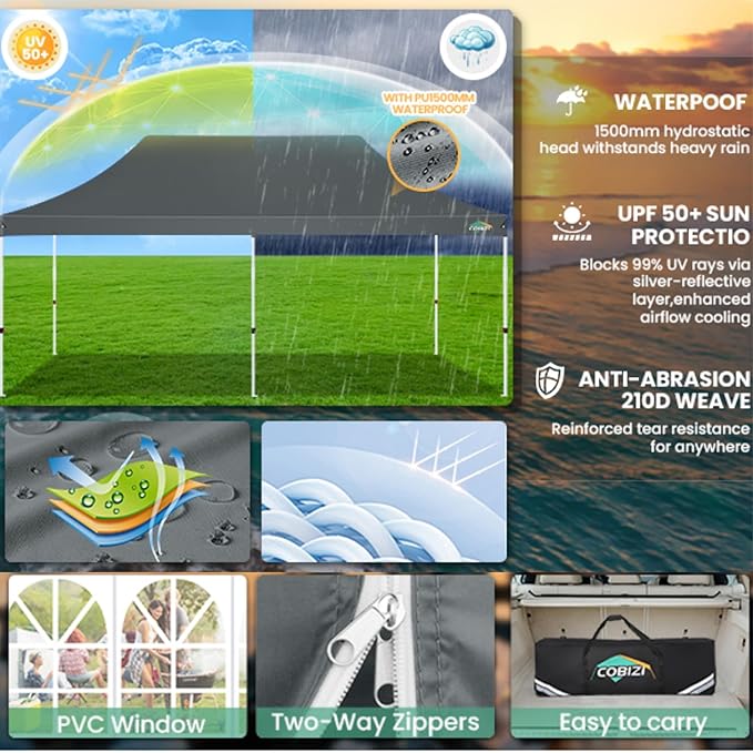 COBIZI 10x20 Pop Up Canopy Tent with Sidewalls,Party Tent Outdoor Gazebos, Waterproof & UV50+,3 Adjustable Heights,Higher Frame Design - Extra Tall for Parties Backyard,Weddings,Markets,Gray