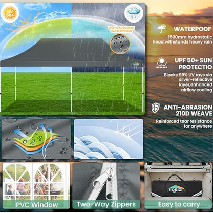 COBIZI 10x20 Pop Up Canopy Tent with Sidewalls,Party Tent Outdoor Gazebos, Waterproof & UV50+,3 Adjustable Heights,Higher Frame Design - Extra Tall for Parties Backyard,Weddings,Markets,Gray