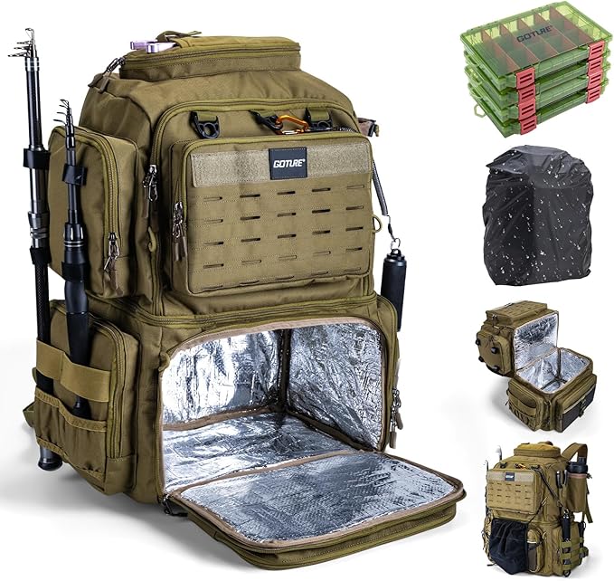 Goture Fishing Backpack with 4 Tackle Boxes, 53L 600D Water-Resistant Tackle Backpack with Cooler,Rod Holders, 8 Lure Pockets, Rain Cover, Large Fishing Bag Storage Gear Tackle Bag for Camping Hiking