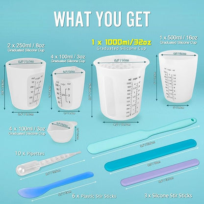 Silicone Resin Mixing 1L Measuring Cup Set for Resin Supplies, Easy-to-Read Marks, 1000ml/32oz Large Cup, 500&250&100ml Thickened Reusable Silicone Cups for Epoxy Mixing, Jewelry Making