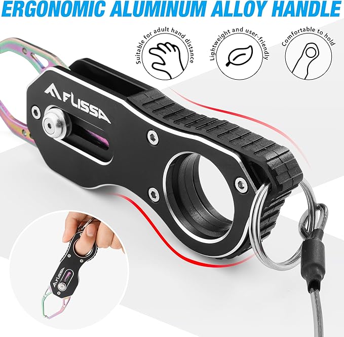 FLISSA Fish Gripper, Fish Lip Grip Tool with Carabiner and Spring Anti-Lost Rope, Durable Stainless Steel Fish Grabber Gripper, Lightweight Holder for Fishing, Corrosion Resistant & Portable
