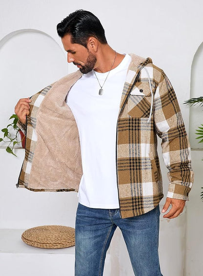 Men's Zip Up Flannel Shirt Jacket Fleece Lined Long Sleeve Plaid Coat Heavyweight Hoodie with Hood