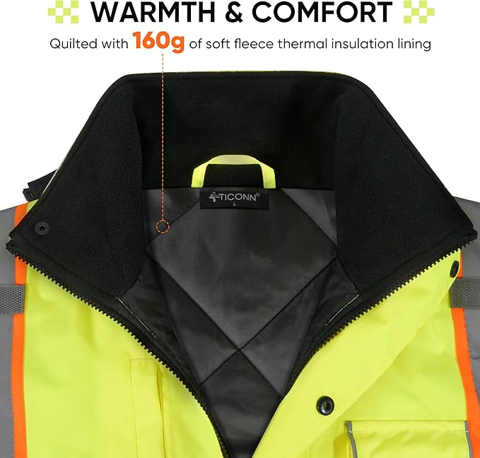 TICONN Waterproof Safety Bomber Jacket, Hi Vis Reflective Rain Jacket, ANSI Class 3 Work Rain Coat for Men Women