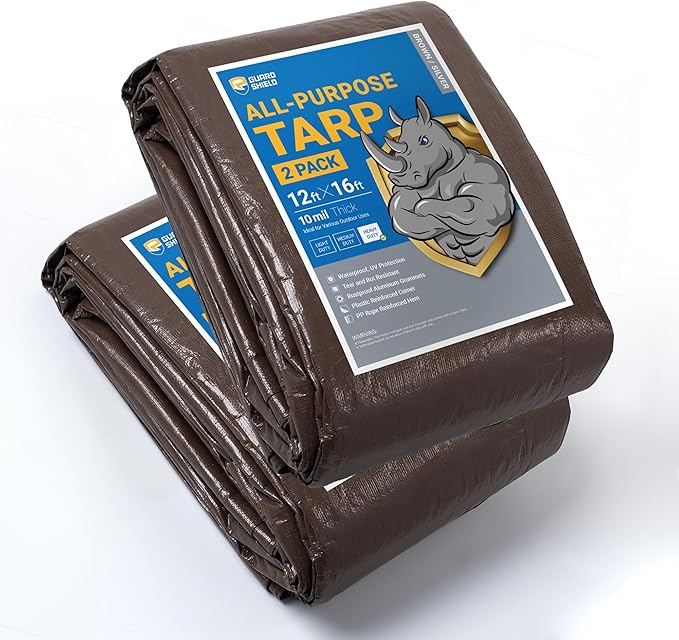 GUARD SHIELD Tarps Heavy Duty Waterproof 12x16 Feet Brown/Silver Poly Tarp Cover Outdoor Thick UV Resistant Tarpaulin with Grommets 10mil (2-Pack)