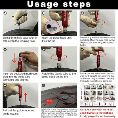 Richcat Tubeless Tire Puncture Repair Kit with Mushroom Plug, Repairs punctures and Flat Tires for Motorcycles, Cars, Trucks, ATVs and Tractors