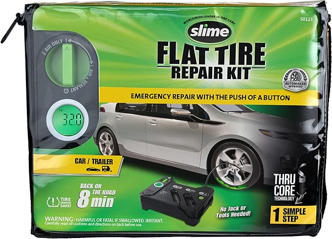 Slime 50123 Flat Tire Puncture Emergency Kit, Includes Sealant and Tire Inflator Pump, Digital, Suitable for Cars and Other Highway Vehicles, 8 Min Fix