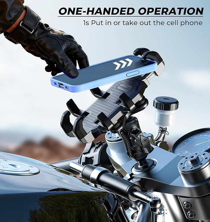 Motorcycle Fork Stem Phone Mount [Vibration Dampener] [Anti-Shake] One-Handed Operation Motorcycle Cell Phone Holder, Fit 12mm-25.4mm Diameter Fork Stem Tube, for 5.4"-7.2" Smartphone