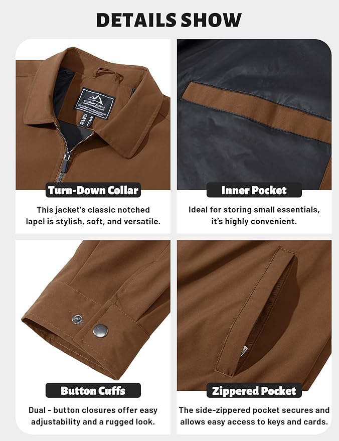 TACVASEN Mens Lightweight Windbreaker Full Zip Up Laydown Collar Jackets Light Casual Coat with Zip Pockets