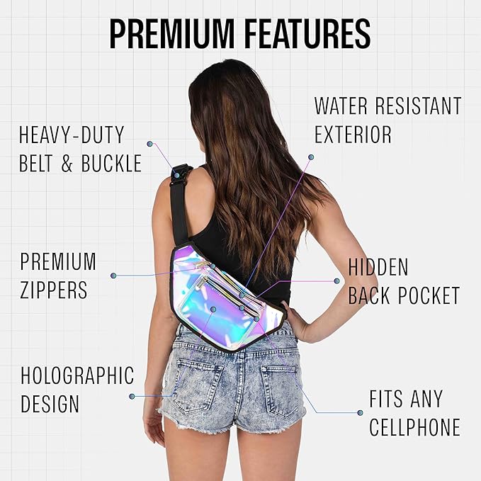 Holographic Fanny Pack Belt bag - Crossbody Waist Bag for Men or Women - Hands-Free, Waterproof Large Bumbag for Hiking, Running, and Travel (Luminous)