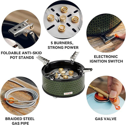 ONLYFIRE Portable Camping Gas Stove with Storage Bag & Foldable Brackets, 5 Burners Camp Stove 3 Fuels Adapters, Propane Stove for Outdoor Cooking Picnic Camping Backpacking Hiking, Green GS344