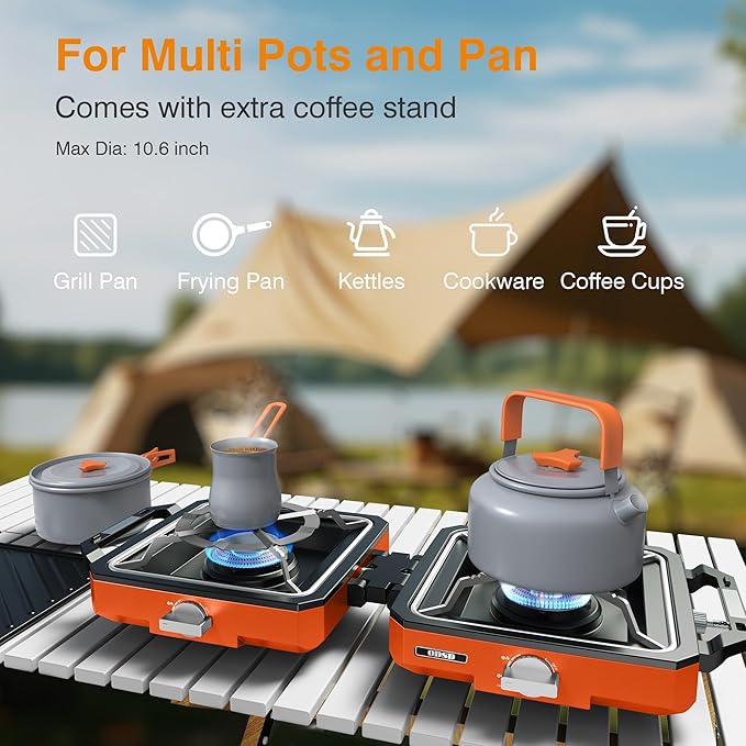 ODSD 2 Burner Camping Stove with Windshield, 20000 BTU Propane Camp Stove, Portable Folding Gas Stove, Camping Essentials Gear Includes Frying Pan, Coffee Stand & Carry Bag, Orange