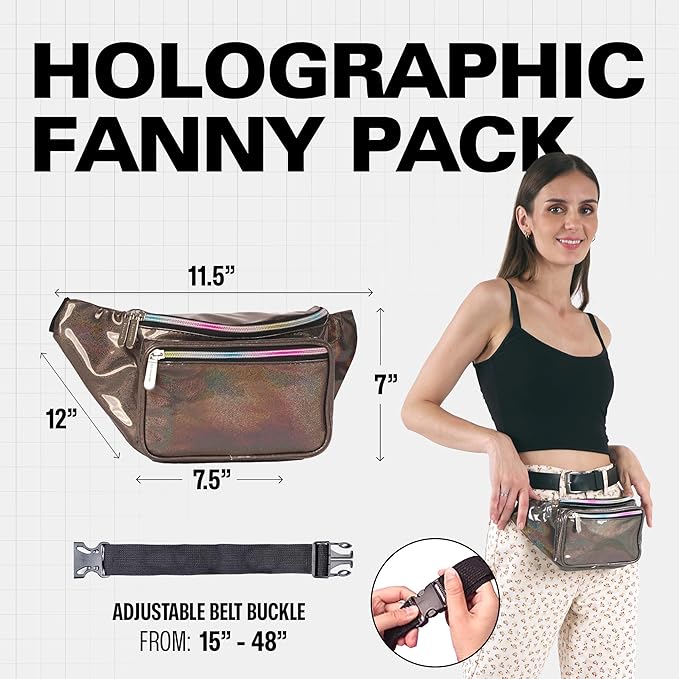 Holographic Fanny Pack Belt bag - Crossbody Waist Bag for Men or Women - Hands-Free, Waterproof Large Bumbag for Hiking, Running, and Travel (Copper Glitter)