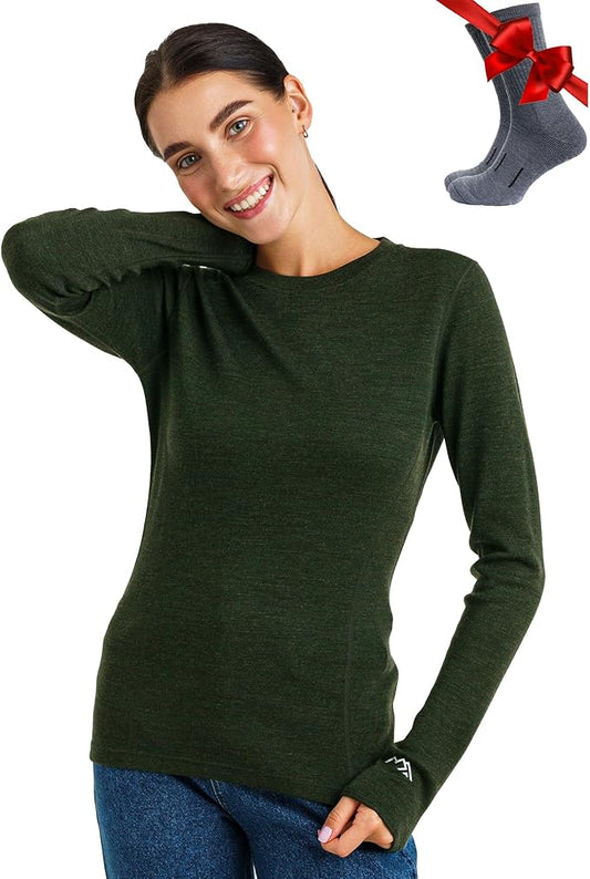 Merino.tech Merino Wool Base Layer Women - 100% Merino Wool Heavyweight, Midweight, Lite Long Sleeve Thermal Shirt and Socks
