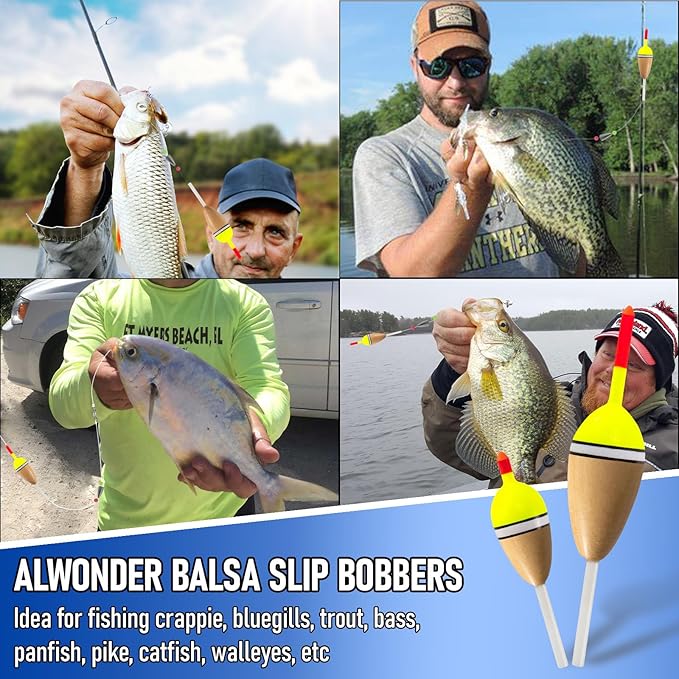Alwonder 4-Pack Bobbers for Fishing, Buoyant Balsa Wood Body Slip Bobbers Floats, Oval High Sensitive Slip Bobber for Fishing Crappie Bluegill Trout Bass Panfish Catfish Walleye