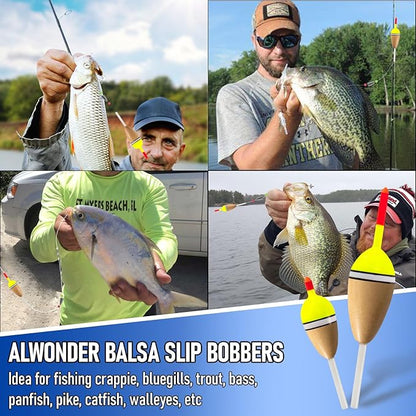 Alwonder 4-Pack Bobbers for Fishing, Buoyant Balsa Wood Body Slip Bobbers Floats, Oval High Sensitive Slip Bobber for Fishing Crappie Bluegill Trout Bass Panfish Catfish Walleye