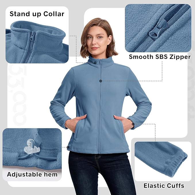 33,000ft Women's Zip Up Fleece Jacket, Long Sleeve Warm Soft Polar Lightweight Coat with Pockets for Winter