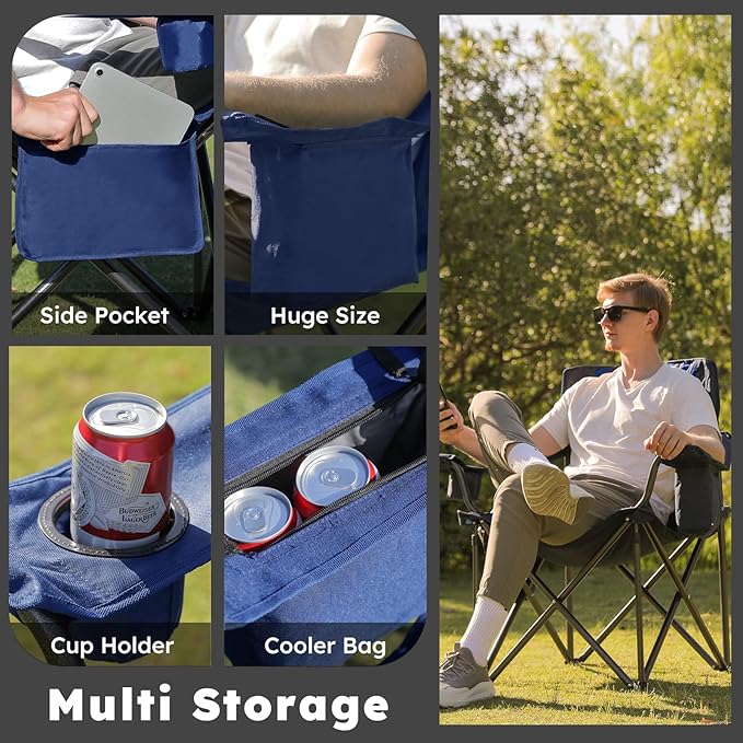 Oversized Folding Camping Chairs - 450 LBS Support Heavy Duty Camp Chair with Padded Cushion, Portable Outside Chairs with Carry Bag，Cooler, Cup Holder for Outdoor, Lawn, Sports - Blue