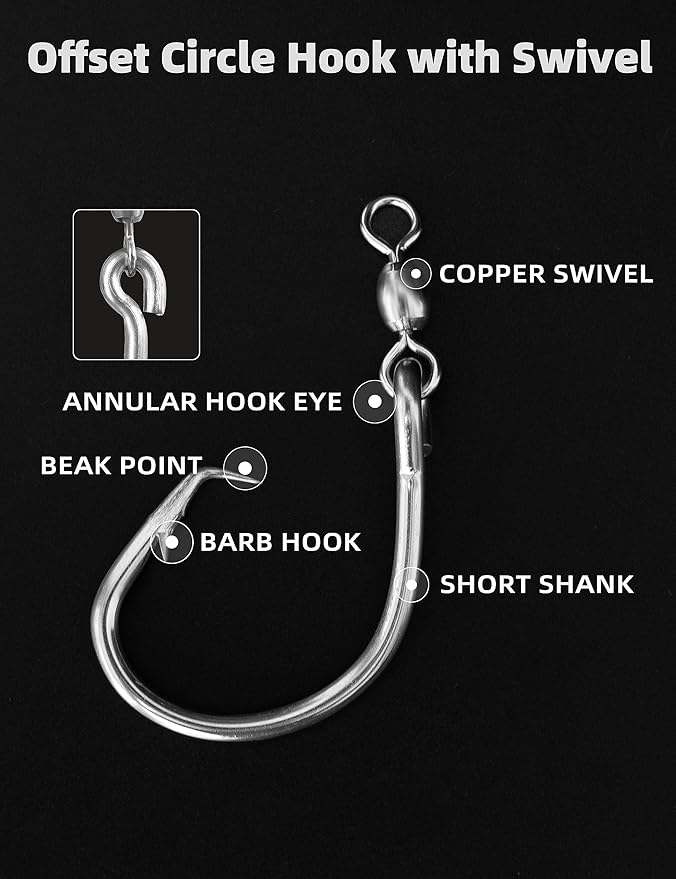 BLUEWING Offset Circle Hook with Swivel Stainless Steel 5pcs/10pcs Extra Sharp for Freshwater Saltwater Big Game Fishing