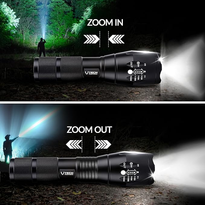 VTech Tactical 2pack LED Flashlight High Lumens - Mini Flashlights for Camping, Hiking, Walking - Powerful Emergency Flashlights with 5 Modes for Outdoor Use - Bright Flashlight with Zoomable Beam