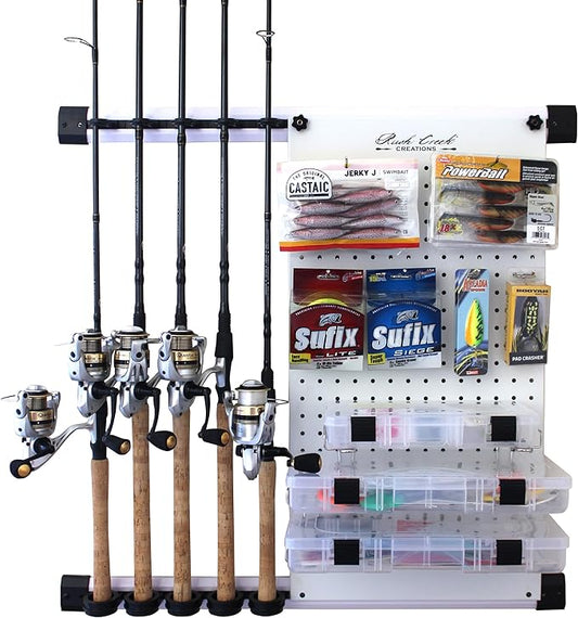 Rush Creek Creations - Fishing Rod Holder for Garage, Fishing Pole Rack Wall Mount & Tackle Storage, No Limit Vertical Fishing Rod Rack Holder, Modular Wall Unit, Fishing Pole Rods Rack