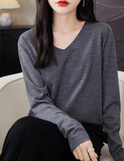 Chanyarn Women's 100% Merino Wool Base Layer Shirt Tops V Neck Long Sleeve Travel Hiking Tee T Shirt Pullover Sweater