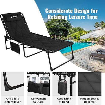 VILLEY Oversized Padded Chaise Lounge with Cushion, Foldable Camping Cot, Patio Reclining Lounge Chairs, Folding Sleeping Bed for Outdoor, Indoor, Backyard, Garden, Camping, Relaxing, Beach Tanning