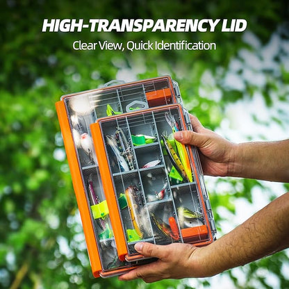 RUNCL Fishing Tackle Box - 360° Waterproof Tackle Trays, 3700 Fishing Tackle Box Organizer with Adjustable Dividers for Jigs Lures, Orange, 2 Pack