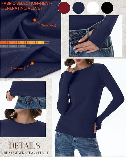Neer 4 Pack Women's Fleece Thermal Long Sleeve Shirts, Thumb Holes Crew Neck Slim Fit Tops Warm Workout Basic Undershirt