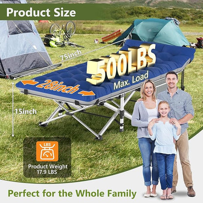 Slendor Folding Camping Cot with Mattress for Adults,74”L x 28”W x 15”H, Portable Sleeping Cot Bed for Tent, Office, Camping, Outdoor, Striated Gray Cot,Gray+Blue Pad,500lbs Load