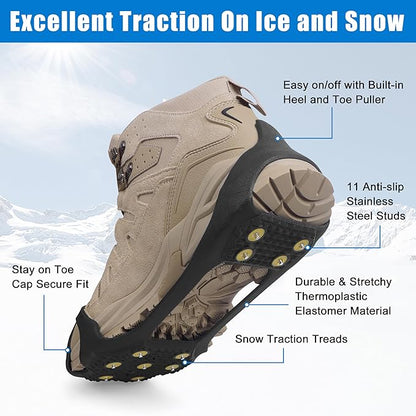 Ice Cleats Snow Traction Crampons for Shoes and Boots,11-Stud Ice Cleats Walking Traction Grips Anti-Slip Ice Snow Grippers Over Shoe for Women Men Walking on Snow and Ice