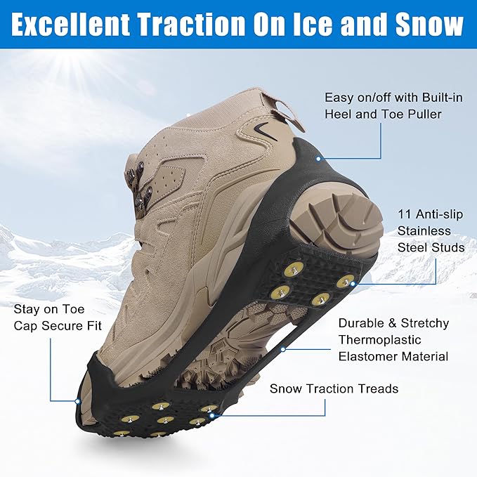 Ice Cleats Snow Traction Crampons for Shoes and Boots,11-Stud Ice Cleats Walking Traction Grips Anti-Slip Ice Snow Grippers Over Shoe for Women Men Walking on Snow and Ice