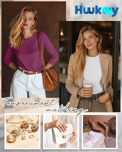 Huukeay 5 Pack Women's Crew Neck Long Sleeve Shirts, Cotton Blend Casual Clothes Workout Basic Layering Tee Tops Multipack