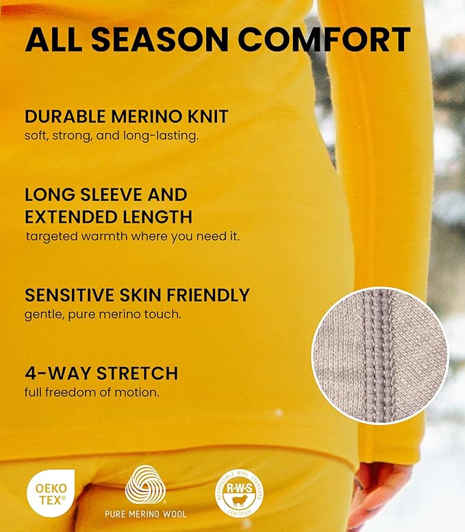 Merino.tech Merino Wool Base Layer Women - 100% Merino Wool Heavyweight, Midweight, Lite Long Sleeve Thermal Shirt and Socks