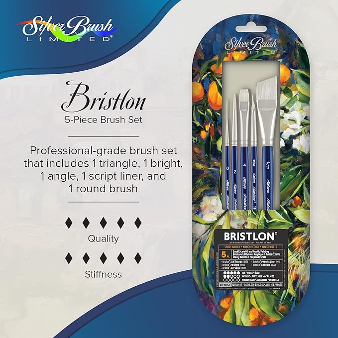 Silver Brush Limited BR-1905S Bristlon Detail Set, Paintbrushes for Oil, Acrylic, and Heavy Body Paints, Set of 5, #0 Script Liner, #2 Round, #4 Bright, XS Triangle, and 3/4" Angle Brush, Short Handle