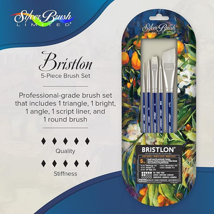 Silver Brush Limited BR-1905S Bristlon Detail Set, Paintbrushes for Oil, Acrylic, and Heavy Body Paints, Set of 5, #0 Script Liner, #2 Round, #4 Bright, XS Triangle, and 3/4" Angle Brush, Short Handle
