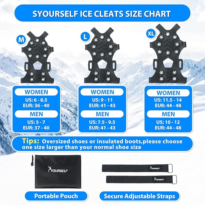 SYOURSELF Ice Cleats, Crampons Ice Cleats for Shoes and Boots Women Men Kids, Non Slip Grippers Spikes for Shoes with Straps, Ice Traction Cleats for Snow and Ice, Hiking, Walking, Fishing, Climbing