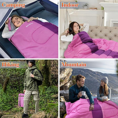 XL 10 Degree Sleeping Bags Waterproof for Adults 350GSM Machine Washable with Compression Sack for 3-4 Season Camping Outdoor